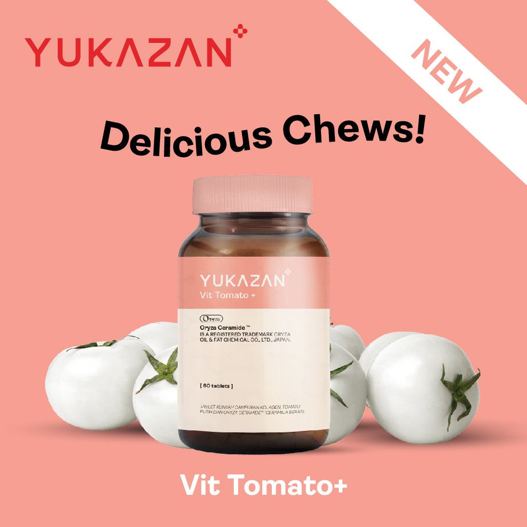 Yukazan Vit Tomato+ Brightening Supplement - Collagen, White Tomato, Oryza Ceramide Chewable Tablet - Oral Sunblock (60's)