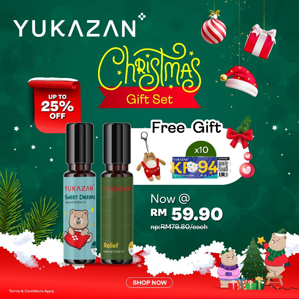 Yukazan Festive Christmas Gift Set Bundle 4 Essential Oil Roll On Relief & Sweet Dream