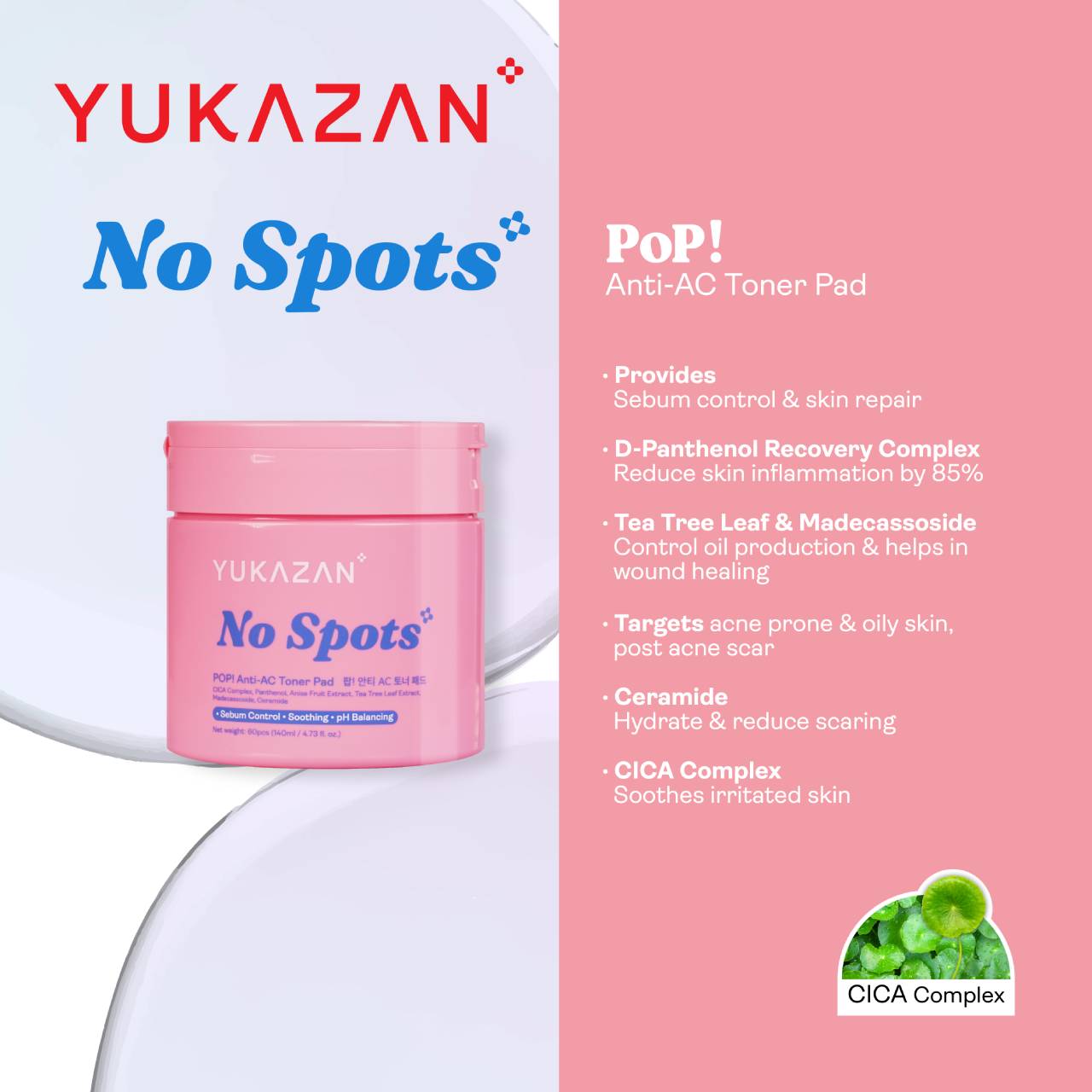 Yukazan POP! No Spots Anti-Acne Toner Pad 60'S / Soothing / Sebum control / pH Balancing / Skin care / Face