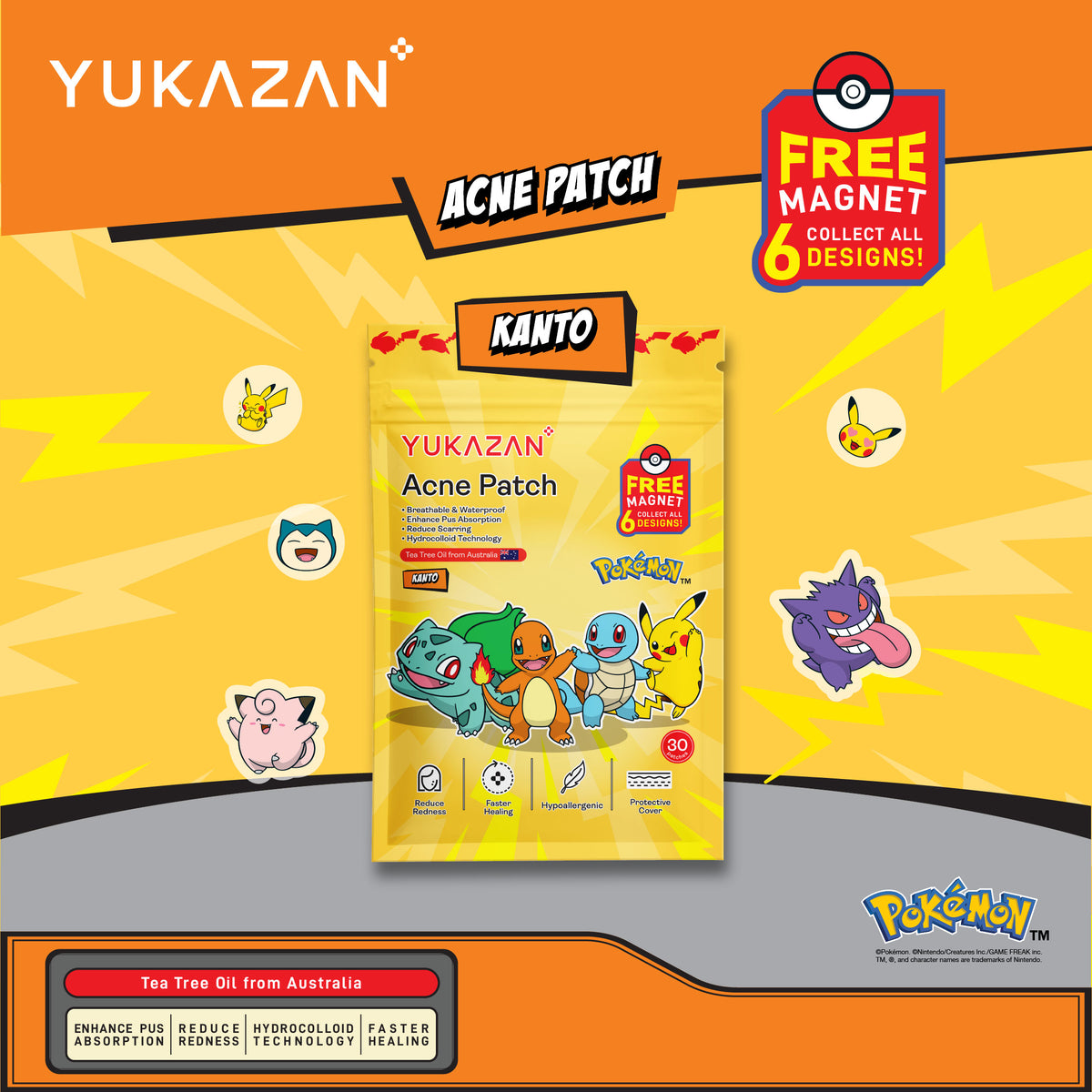 【Yukazan x Pokémon】Hydrocolloid Acne Healing Patch 30's | Cute Design | Pimple patch | Acne Patch