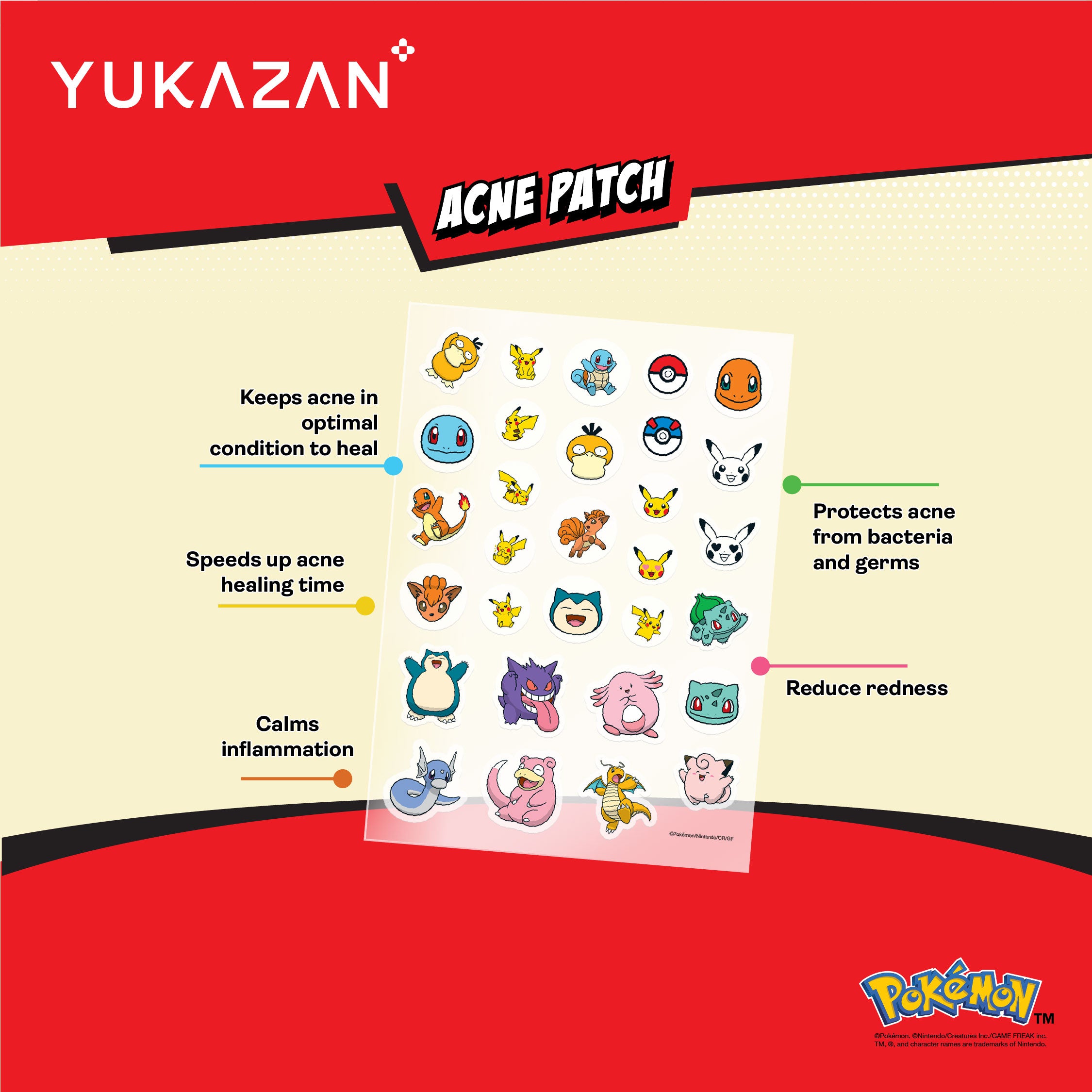 【Yukazan x Pokémon】Hydrocolloid Acne Healing Patch 30's | Cute Design | Pimple patch | Acne Patch