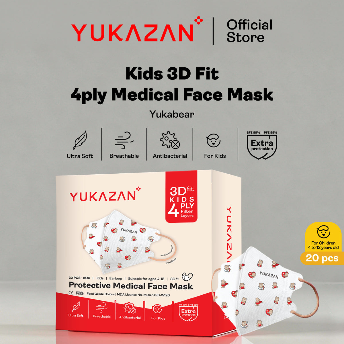 Yukazan Kids 4ply 3D Fit Yukabear Protective Medical Face Mask (20 Pcs/Box)
