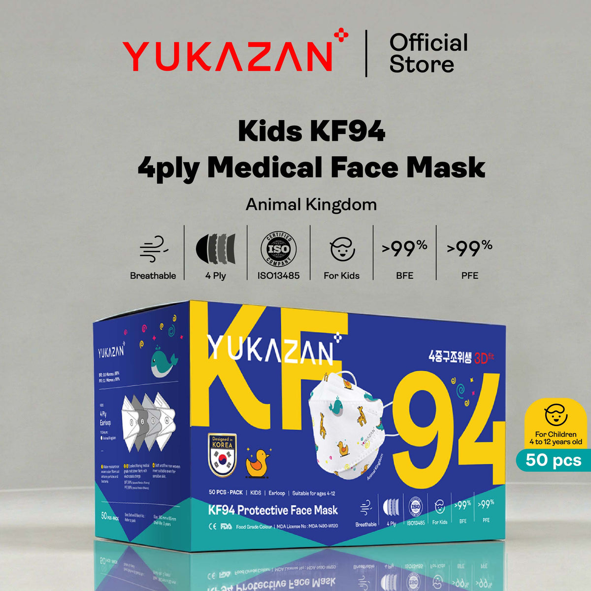 Yukazan Kids KF94 Animal Kingdom Protective Respirator Face Mask (50 Pcs/Box)