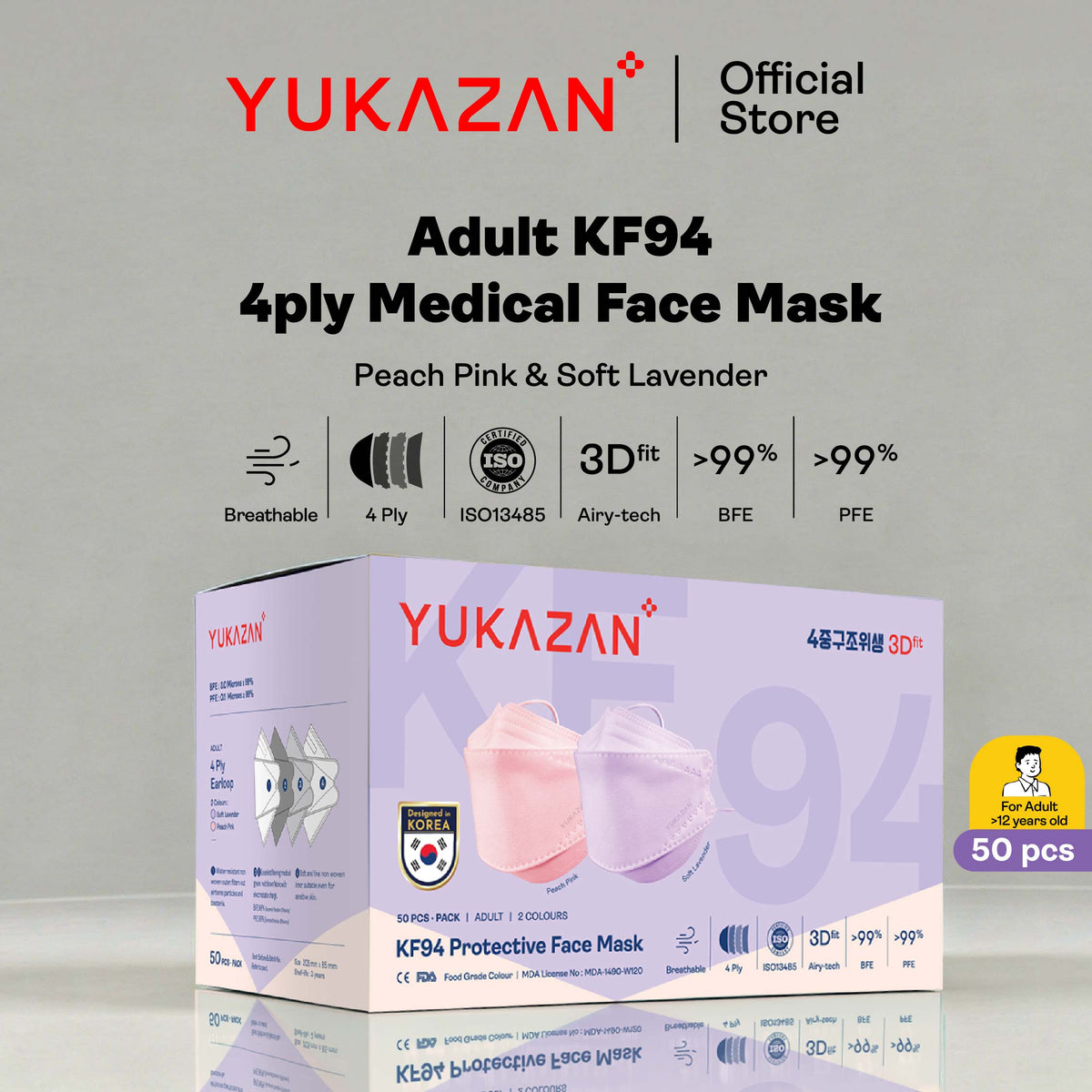 Yukazan Adult KF94 Lavender & Peach Protective Respirator Face Mask (50 Pcs/Box)